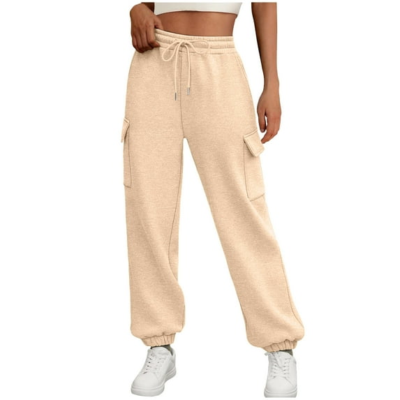 Zylanna Women's Cargo Sweatpants with Pockets, Elastic Waist Baggy Soft & Warm Solid Color Casual Jogger Pants for Women Beige