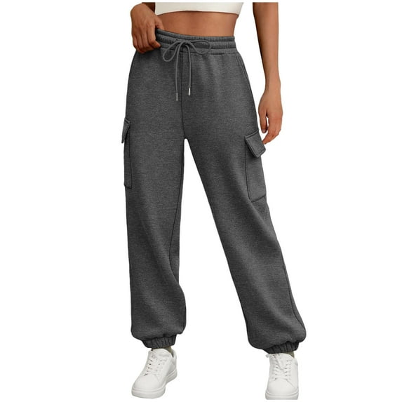Zylanna Women's Cargo Sweatpants with Pockets, Soft & Warm Elastic Waist Solid Color Baggy Casual Jogger Pants for Women Dark Gray