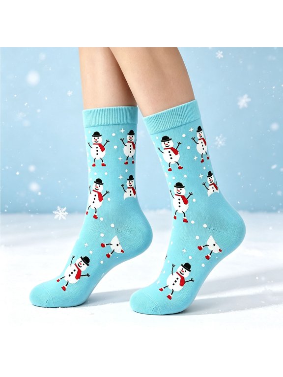 Women's Crew Socks, High Stretch Snowman Print Relaxed Fit Breathable Ribbed Cuff Festive Novelty Socks for Holiday Gift Giving Blue