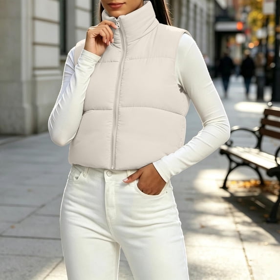 Zylanna Women's Cropped Puffer Vest, Lightweight Full Zip Sleeveless Stand Collar Quilted Warm Outerwear Layering Gilet Beige