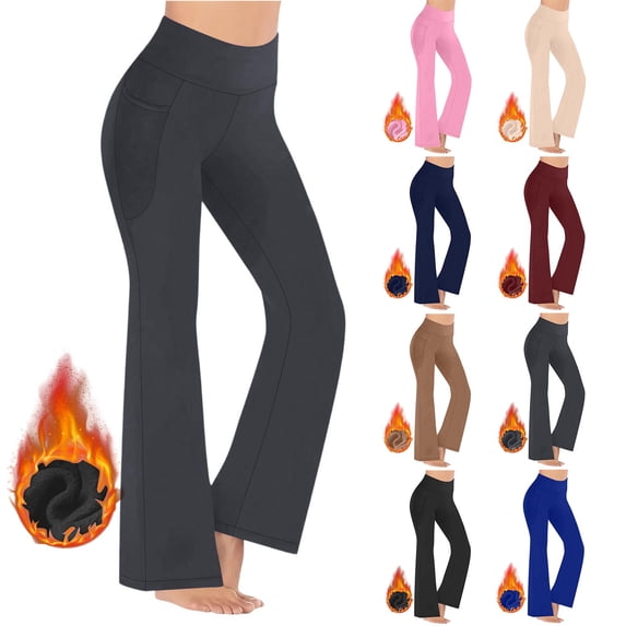 Zylanna Women's Fleece Lined Flared Yoga Pants with Pockets, Stretchy Wide Leg Solid Color Warm Elastic Waist Active Workout Bootcut Leggings Dark Gray