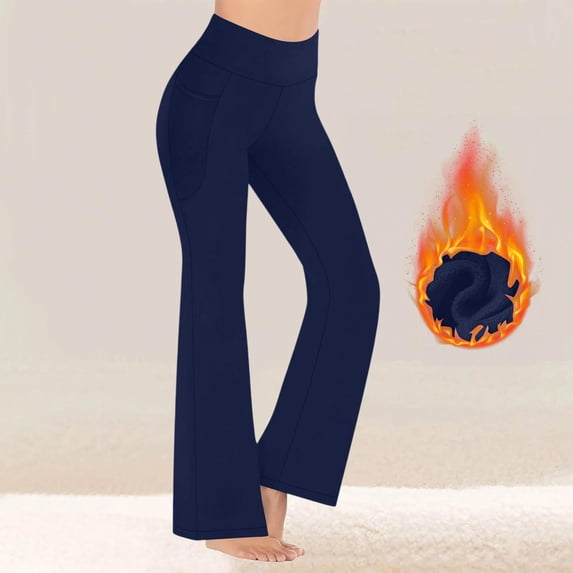Zylanna Women's Fleece Lined Flared Yoga Pants with Pockets, Solid Color Wide Leg Elastic Waist Warm Stretchy Active Workout Bootcut Leggings Navy