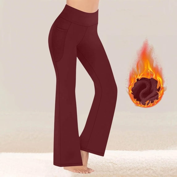 Zylanna Women's Fleece Lined Flared Yoga Pants with Pockets, Solid Color Wide Leg Stretchy Elastic Waist Warm Active Workout Bootcut Leggings Red