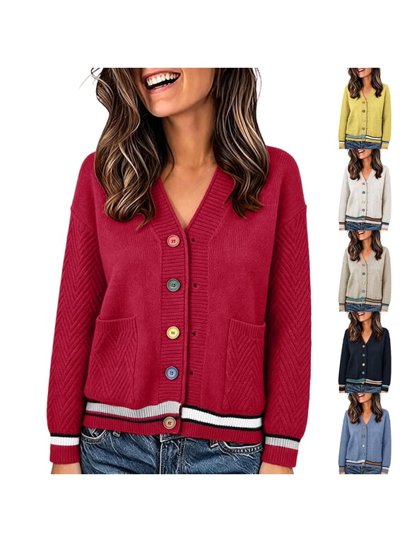 Women's Knit Cardigan with Pockets, Button Down Long Sleeve Chevron Texture Color Block Trim Casual Sweater Coat for Fall Spring Red