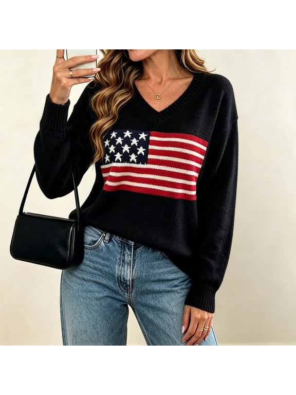 Women's Knit Pullover, Long Sleeve V Neck American Flag Jacquard Warm Loose Fit Casual Sweater for Daily Wear Black