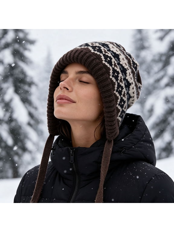 Women's Knitted Earflap Beanie, Heavyweight Jacquard Pattern Stretchy Drawstring Oversized Warm Slouchy Winter Ski Hat for Cold Weather Brown