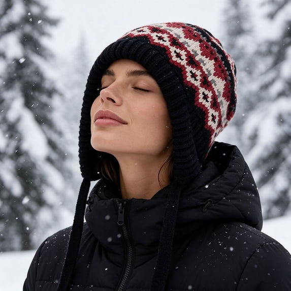 Zylanna Women's Knitted Earflap Beanie, Jacquard Pattern Drawstring Heavyweight Oversized Stretchy Warm Slouchy Winter Ski Hat for Cold Weather Red