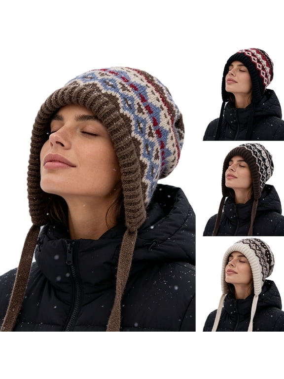 Women's Knitted Earflap Beanie, Jacquard Pattern Oversized Stretchy Drawstring Warm Heavyweight Slouchy Winter Ski Hat for Cold Weather Khaki