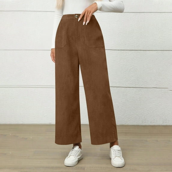 Zylanna Women's Pants with Pockets, Elastic Waist Baggy Fleece Lined Solid Color Winter Pants for Women Brown