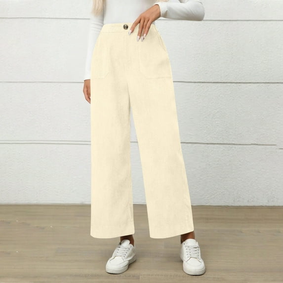 Zylanna Women's Pants with Pockets, Fleece Lined Elastic Waist Baggy Solid Color Winter Pants for Women Beige