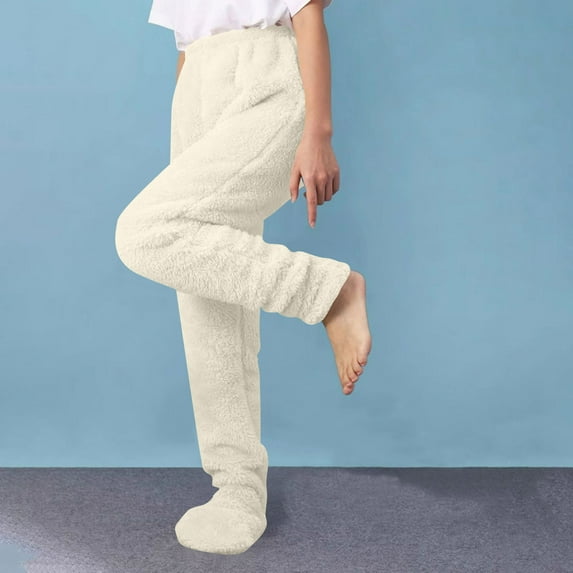 Zylanna Women's Pants with Pockets, Solid Color Elastic Waist Baggy Fleece Lined Winter Pants for Women Beige