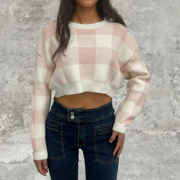 Zylanna Women's Pullover Sweaters, Color Block Long Sleeve Knit Cropped Crew Neck Loose Tops for Women Pink