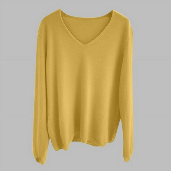 Zylanna Women's Pullover Sweaters, Fashionable V-Neck Long Sleeve Solid Color Casual Tops for Women Yellow