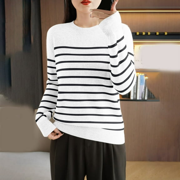 Zylanna Women's Pullover Sweaters, Knitted Long Sleeve Striped Crew Neck Casual Tops for Women White