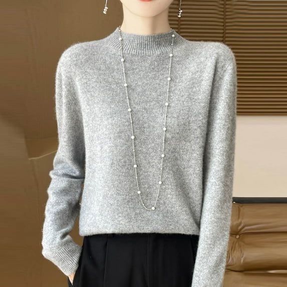 Zylanna Women's Pullover Sweaters, Knitted Solid Color High Neck Long Sleeve Loose Tops for Women Gray