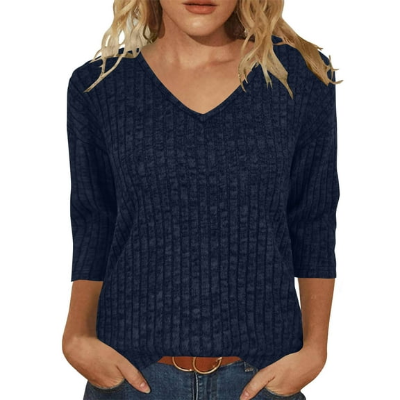 Zylanna Women's Pullover Sweaters, Knitted V-Neck 3/4 Sleeve Solid Color Casual Tops for Women Blue