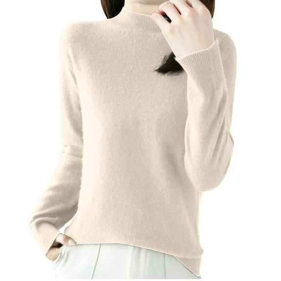 Zylanna Women's Pullover Sweaters, Long Sleeve High Neck Knitted Solid Color Casual Tops for Women Beige