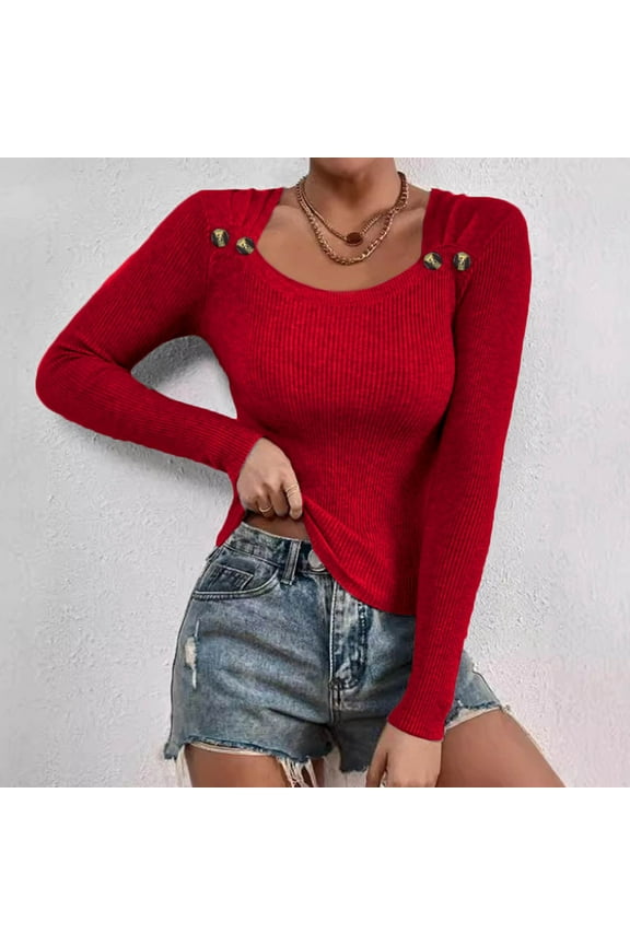 Women's Pullover Sweaters, Long Sleeve Knit Button Solid Color Crew Neck Casual Tops for Women Red