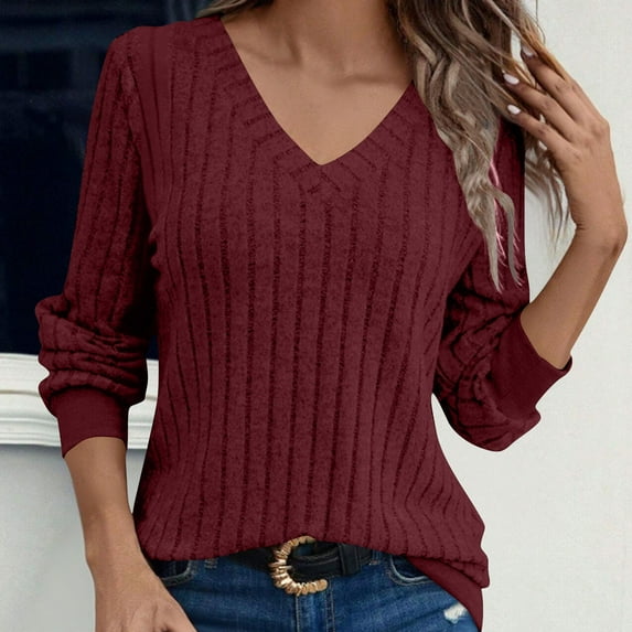 Zylanna Women's Pullover Sweaters, Long Sleeve Ribbed Knit Solid Color V-Neck Casual Tops for Women Red