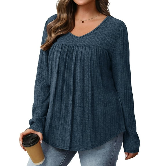 Zylanna Women's Pullover Sweaters, Long Sleeve Solid Color V-Neck Ribbed Knit Casual Tops for Women Navy