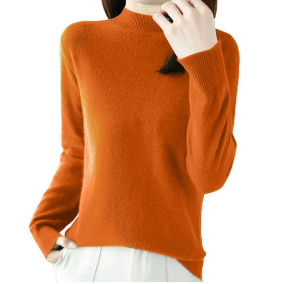 Zylanna Women's Pullover Sweaters, Solid Color Knitted High Neck Long Sleeve Casual Tops for Women Orange