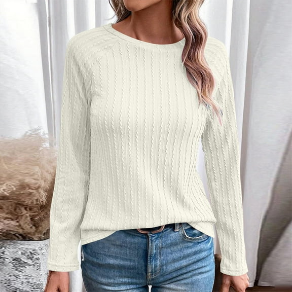 Zylanna Women's Pullover Sweaters, Solid Color Long Sleeve Crew Neck Knitted Casual Tops for Women White