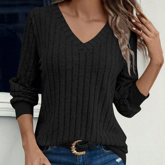 Zylanna Women's Pullover Sweaters, Solid Color Long Sleeve V-Neck Ribbed Knit Casual Tops for Women Black