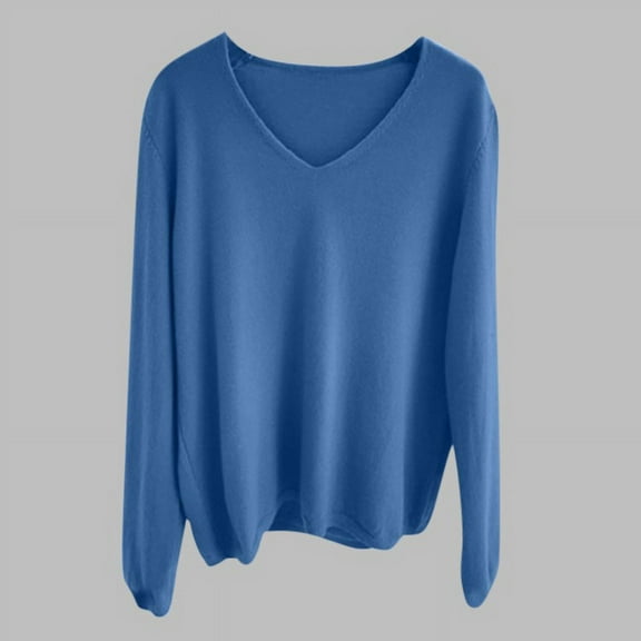 Zylanna Women's Pullover Sweaters, Solid Color V-Neck Fashionable Long Sleeve Casual Tops for Women Blue
