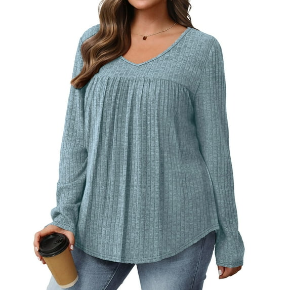 Zylanna Women's Pullover Sweaters, V-Neck Long Sleeve Ribbed Knit Solid Color Casual Tops for Women Light blue