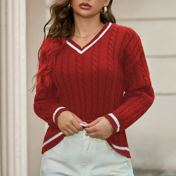 Zylanna Women's Pullover Sweaters, V-Neck Solid Color Long Sleeve Knitted Casual Tops for Women Red