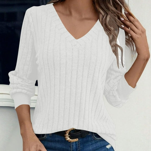 Zylanna Women's Pullover Sweaters, V-Neck Solid Color Ribbed Knit Long Sleeve Casual Tops for Women White