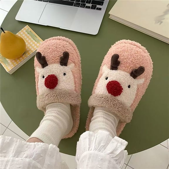 Zylanna Women's Slide Slippers with Reindeer Print, Loose Fit Warm Soft Plush Slip‑on House Footwear for Indoor Holiday Lounging Pink