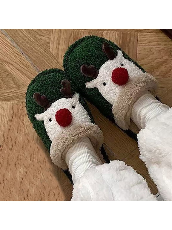 Women's Slide Slippers with Reindeer Print, Soft Loose Fit Warm Plush Slip‑on House Footwear for Indoor Holiday Lounging Green