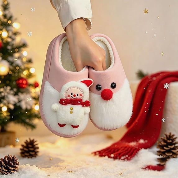 Zylanna Women's Slip‑On House Slippers with Festive Ornament, Slip Resistant Non‑Bulky Decorative Plush Lined Soft Cozy Winter Indoor Home Footwear Pink