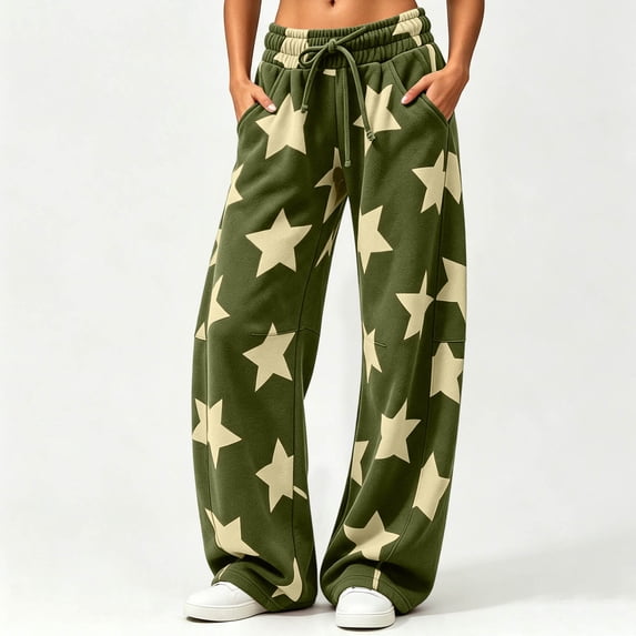 Zylanna Women's Star Print Sweatpants with Pockets, Wide Leg Drawstring High Rise Loose Fit Elastic Waist Baggy Casual Lounge Trousers for Daily Wear Green