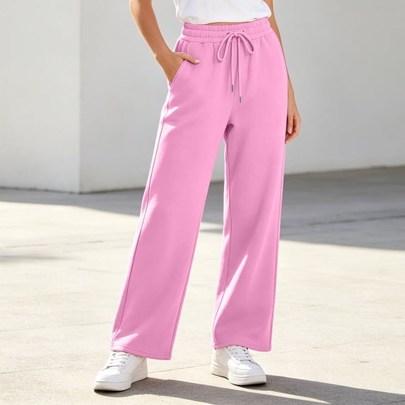 Zylanna Women's Straight Leg Sweatpants with Pockets, Fall Winter Soft Breathable Elastic Drawstring Waist Loose Fit Casual Lounge Workout Trousers for Women Pink Size 2XL