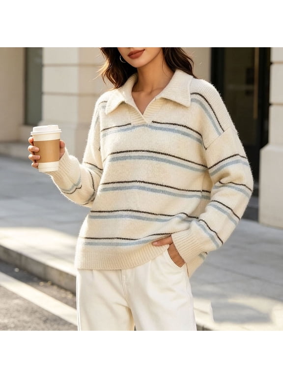 Women's Striped Polo Collar Sweater, Long Sleeve Warm Striped V Neck Casual Knit Pullover for Daily Wear Beige