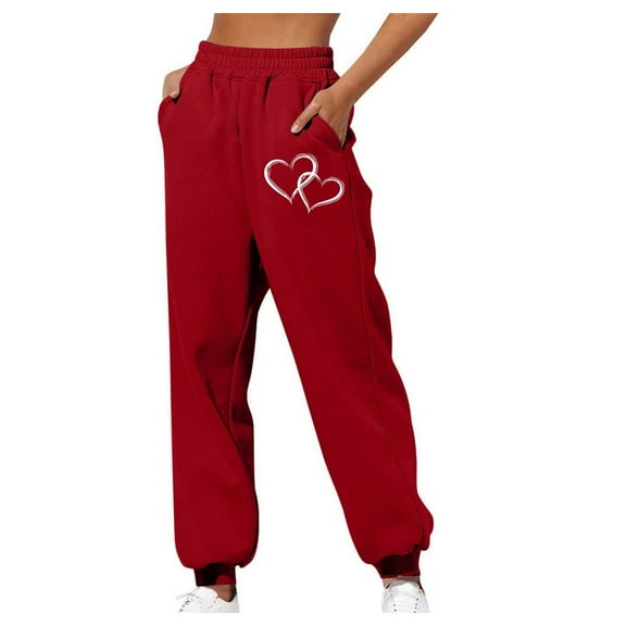 Zylanna Women's Sweatpants with Pockets, Baggy Love Print Elastic Waist Soft & Warm Casual Jogger Pants for Women Red