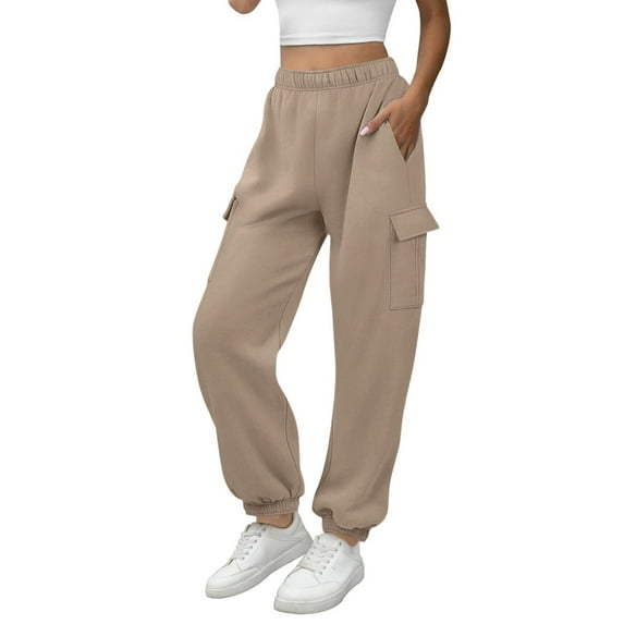 Zylanna Women's Sweatpants with Pockets, Elastic Waist Baggy Solid Color Soft & Warm Casual Pants for Women Khaki