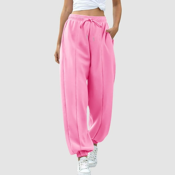Zylanna Women's Sweatpants with Pockets, Elastic Waist Soft & Warm Solid Color Baggy Casual Jogger Pants for Women Pink