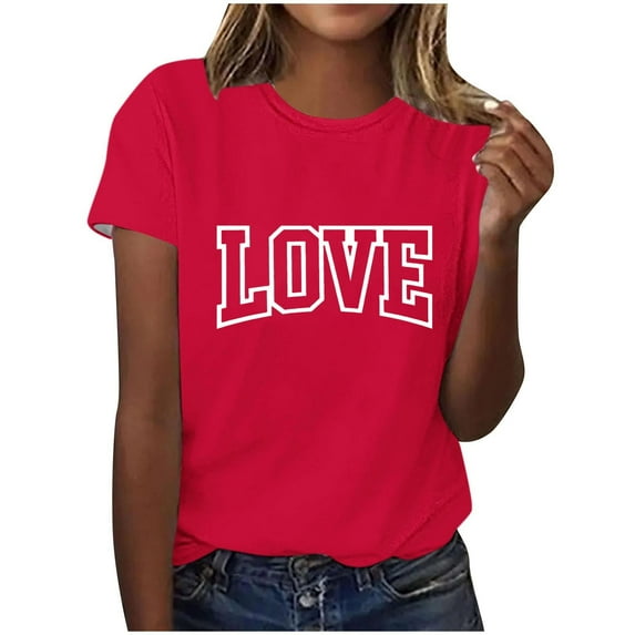 Zylanna Women's T-Shirts Blouse, Round Neck Short Sleeve Love Print Summer Fashion Tee Tops Red