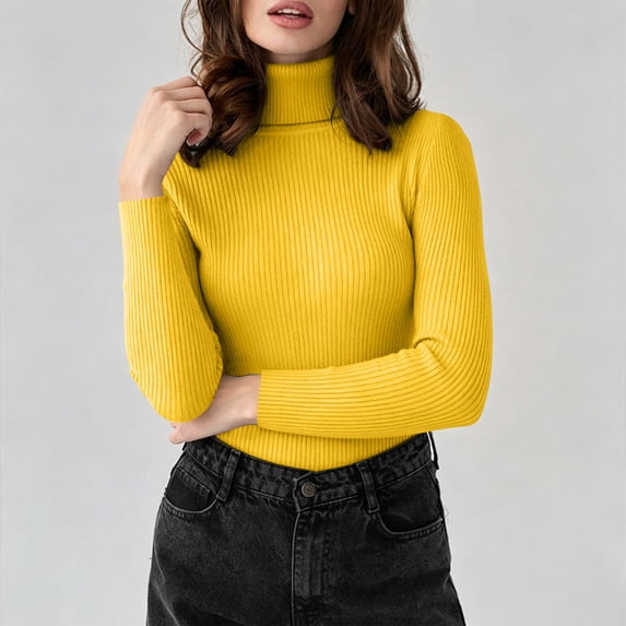 Zylanna Women's Turtleneck Knit Top, Stretchy Solid Color Warm Long Sleeve Slim Fit Base Layer Shirt Yellow