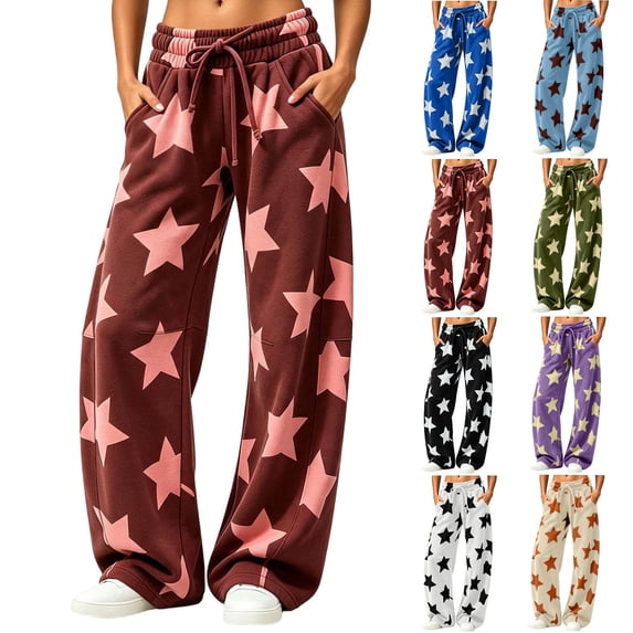 Zylanna Women's Wide Leg Sweatpants with Pockets, Star Print Loose Fit Drawstring Elastic Waist High Rise Baggy Casual Trousers for Street Loungewear Brown