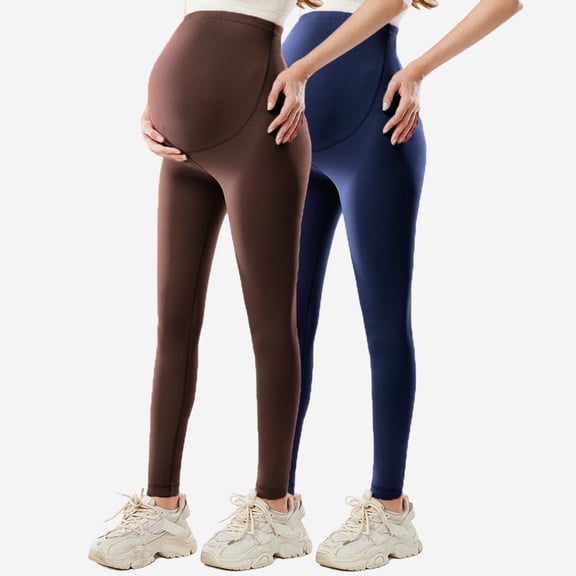 Zylanna Yoga Maternity Leggings 2PC, Daily Wear Pants Highly Elastic Soft Pregnancy Casual Pants Brown