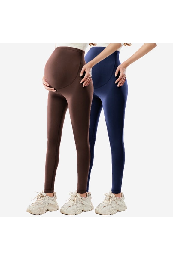Yoga Maternity Leggings 2PC, Daily Wear Soft Pants Highly Elastic Pregnancy Casual Pants Brown