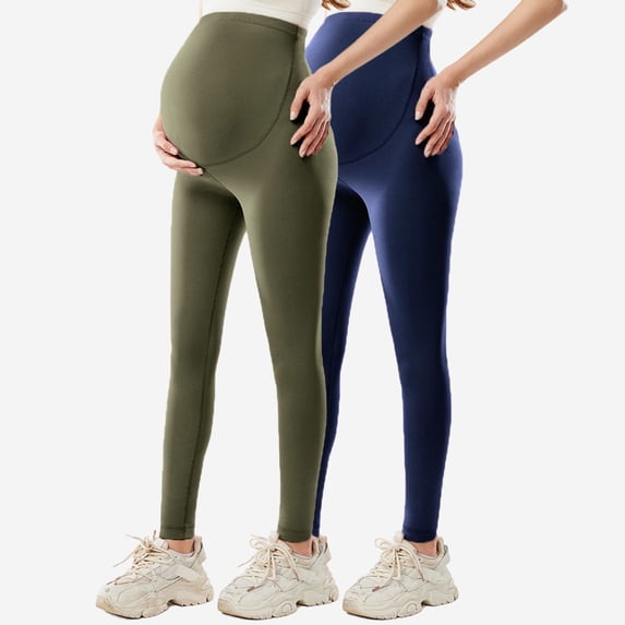 Zylanna Yoga Maternity Leggings 2PC, Soft Highly Elastic Daily Wear Pants Pregnancy Casual Pants Green