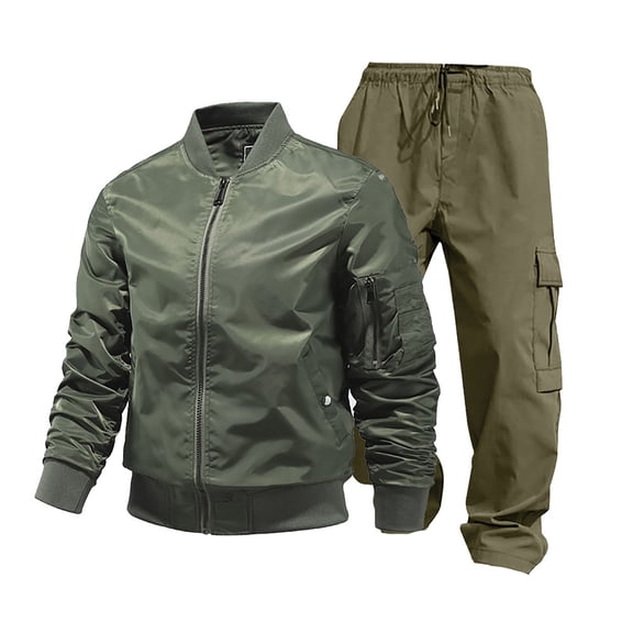 Zylarhe 2024 Autumn And Winter Hot New Products Men's Flight Jacket And Trousers 2 Piece Set Air Force Suit Multiple Colors And Sizes Windproof Functional Pocket Design Brocade Tuxedo