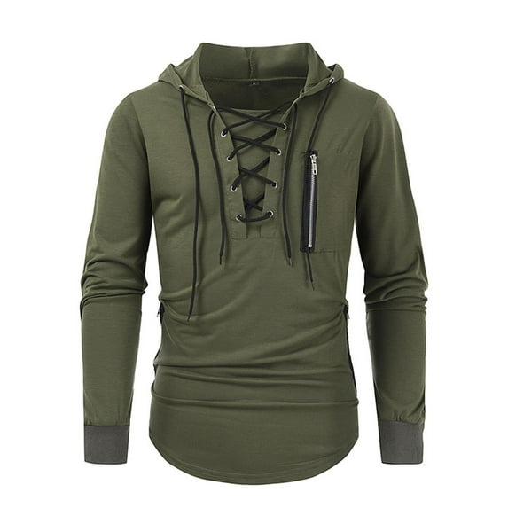 Zylarhe 2024 Men's Spring And Autumn Hoodie Solid Color Lace Up Zipper Pocket Sports Street Clothing Hooded Sweatshirt Mens Pullover