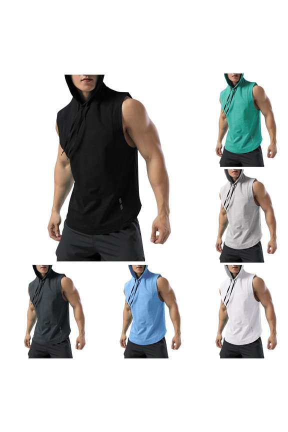 Adult Hooded Sleeveless T Shirt Men's Sports And Leisure Quick Drying Clothes Light Fitness Running Boxing Training Vest Black M