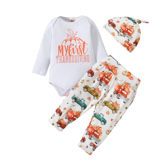 Zylarhe Baby First Thanksgiving Outfit Long Sleeve Romper Bodysuit Pumpkin Pants Hat 3PCS White 6-12 Months